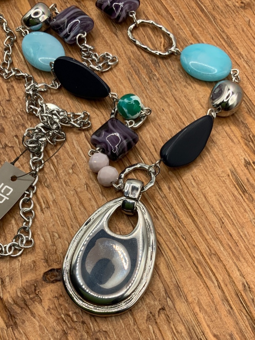 Chico's Multi-Faceted Beaded Silver Tone Large Pendant Chain Necklace
